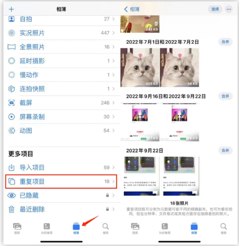 江华苹果手机维修分享iOS 16 中相册重复项目功能使用方法 